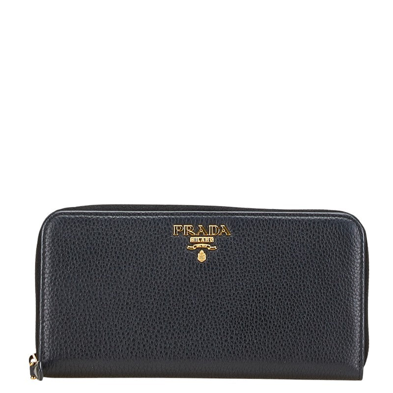 プラダ ラウンドファスナー 長財布 ネイビー レザー レディース PRADA 【中古】