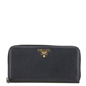 プラダ ラウンドファスナー 長財布 ネイビー レザー レディース PRADA 【中古】