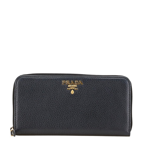 プラダ ラウンドファスナー 長財布 ネイビー レザー レディース PRADA 【中古】