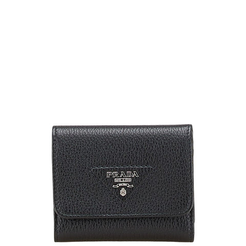 プラダ 三角ロゴ 二つ折り財布 ブラック レザー レディース PRADA 【中古】