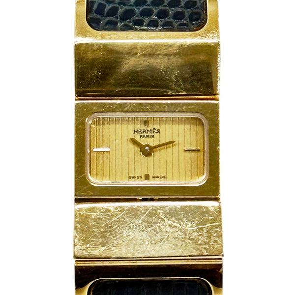 エルメス ロケ バングルウォッチ 腕時計 L01.201 クオーツ ゴールド文字盤 メッキ リザード レディース HERMES 【中古】
