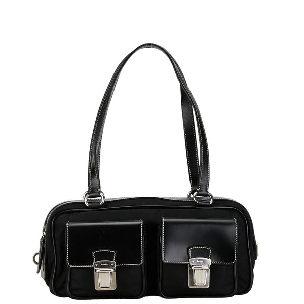 プラダ テスート ハンドバッグ ブラック シルバー ナイロン レザー レディース PRADA 【中古】