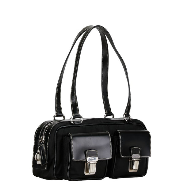 プラダ テスート ハンドバッグ ブラック シルバー ナイロン レザー レディース PRADA 【中古】