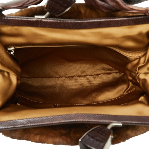 サルヴァトーレフェラガモ パイソン型押し がま口 ハンドバッグ ブラウン ファー レザー レディース Salvatore Ferragamo 【中古】