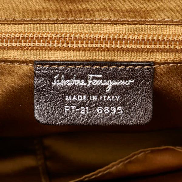 サルヴァトーレフェラガモ パイソン型押し がま口 ハンドバッグ ブラウン ファー レザー レディース Salvatore Ferragamo 【中古】