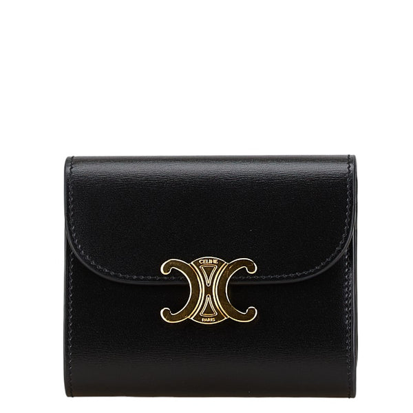セリーヌ トリオンフロゴ 二つ折り財布 ブラック ゴールド レザー レディース CELINE 【中古】