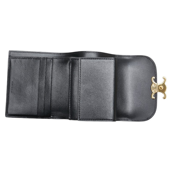 セリーヌ トリオンフロゴ 二つ折り財布 ブラック ゴールド レザー レディース CELINE 【中古】