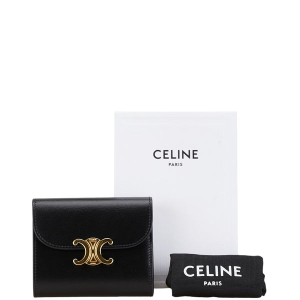 セリーヌ トリオンフロゴ 二つ折り財布 ブラック ゴールド レザー レディース CELINE 【中古】