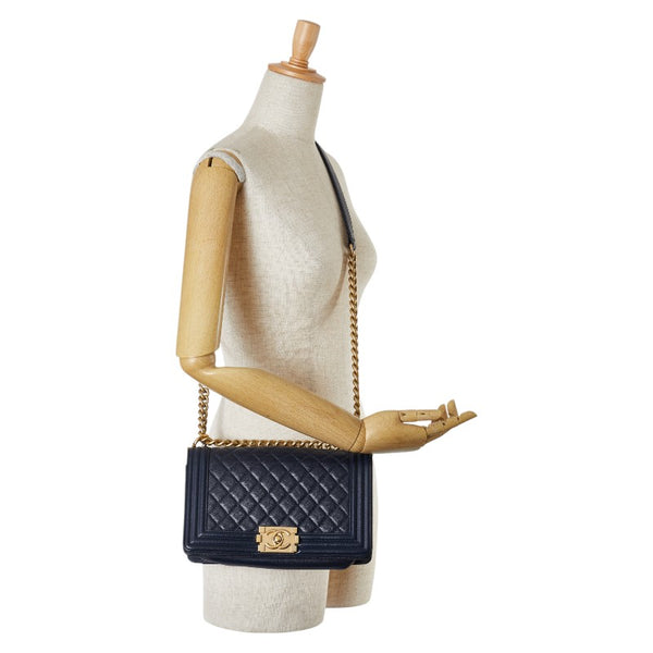 シャネル ココマーク ボーイシャネル25 斜め掛け チェーン ショルダーバッグ ネイビー キャビアスキン レディース CHANEL 【中古】