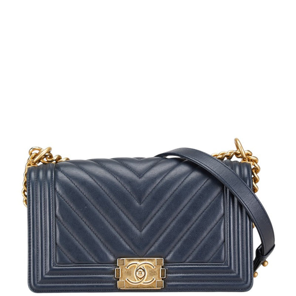 シャネル マトラッセ ボーイシャネル25 斜め掛け チェーン ショルダーバッグ ネイビー レザー レディース CHANEL 【中古】