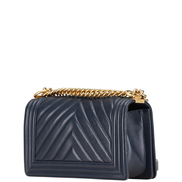 シャネル マトラッセ ボーイシャネル25 斜め掛け チェーン ショルダーバッグ ネイビー レザー レディース CHANEL 【中古】