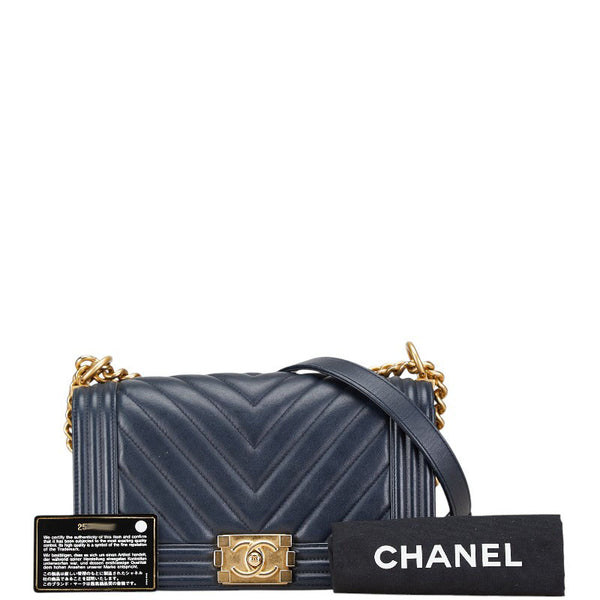シャネル マトラッセ ボーイシャネル25 斜め掛け チェーン ショルダーバッグ ネイビー レザー レディース CHANEL 【中古】