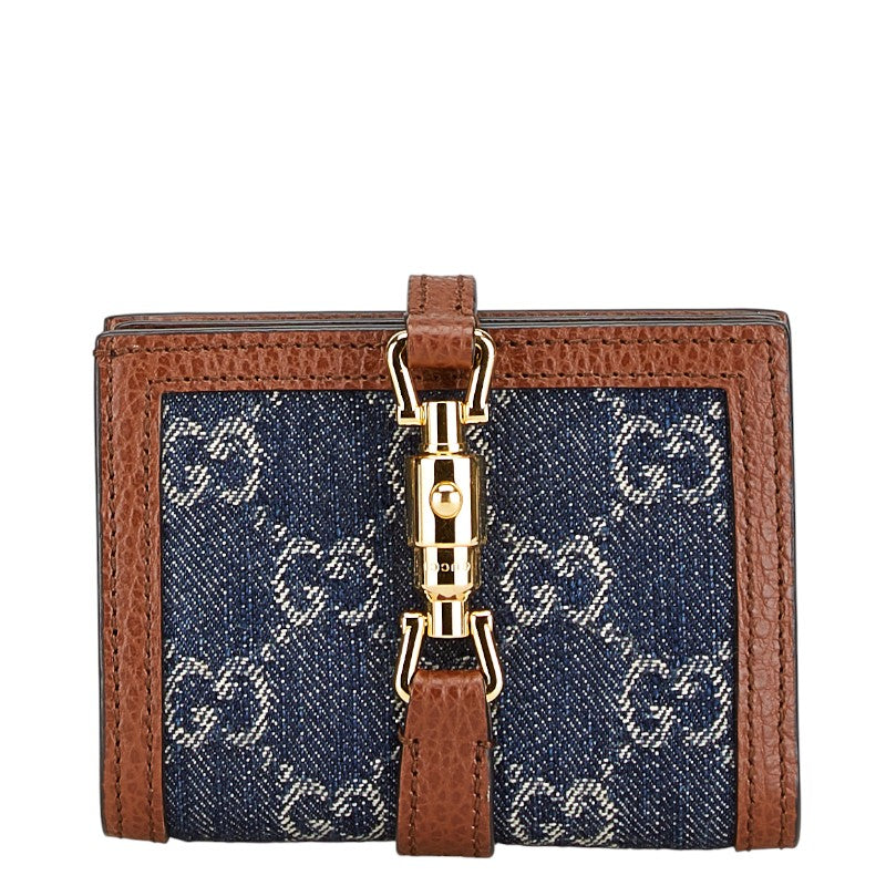 グッチ GGデニム ジャッキー 1961 二つ折り財布 コンパクトウォレット 645536 ネイビー ブラウン デニム レザー レディース GUCCI 【中古】