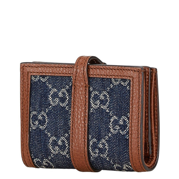 グッチ GGデニム ジャッキー 1961 二つ折り財布 コンパクトウォレット 645536 ネイビー ブラウン デニム レザー レディース GUCCI 【中古】