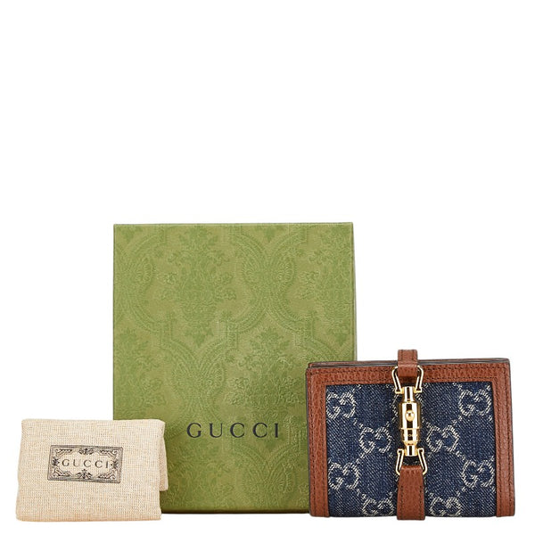 グッチ GGデニム ジャッキー 1961 二つ折り財布 コンパクトウォレット 645536 ネイビー ブラウン デニム レザー レディース GUCCI 【中古】