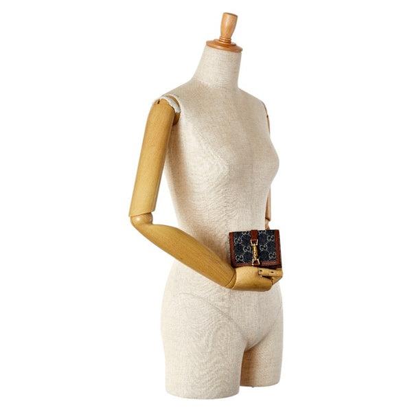 グッチ GGデニム ジャッキー 1961 二つ折り財布 コンパクトウォレット 645536 ネイビー ブラウン デニム レザー レディース GUCCI 【中古】