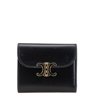 セリーヌ トリオンフ 三つ折り財布 スモールウォレット ブラック シャイニーカーフスキン レディース CELINE 【中古】