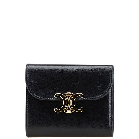 セリーヌ トリオンフ 三つ折り財布 スモールウォレット ブラック シャイニーカーフスキン レディース CELINE 【中古】