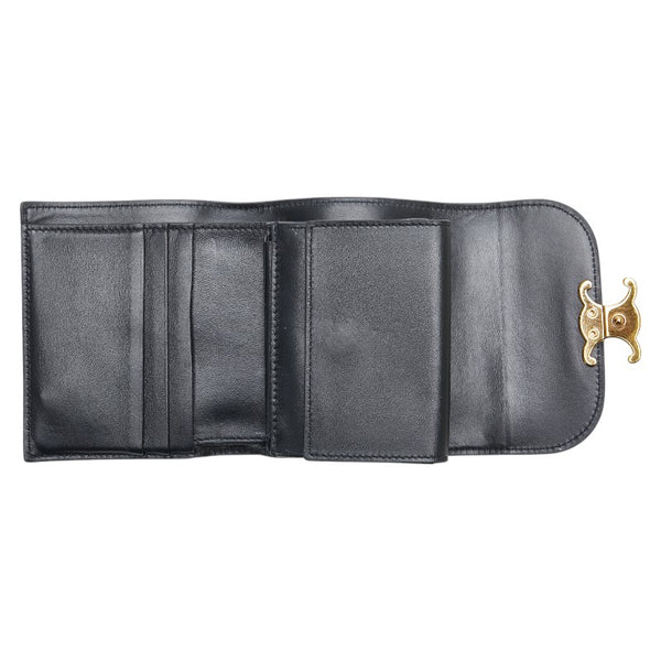 セリーヌ トリオンフ 三つ折り財布 スモールウォレット ブラック シャイニーカーフスキン レディース CELINE 【中古】