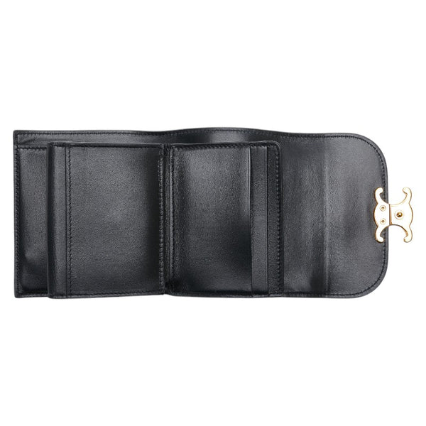 セリーヌ トリオンフ 三つ折り財布 スモールウォレット ブラック シャイニーカーフスキン レディース CELINE 【中古】