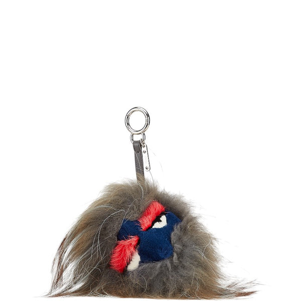 フェンディ ポンポンチャーム モンスター バッグチャーム キーホルダー グレー マルチカラー ファー レザー レディース FENDI 【中古】