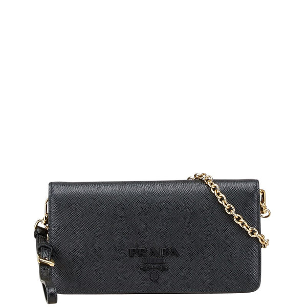 プラダ 斜め掛け チェーン ウォレット ブラック サフィアーノ レディース PRADA 【中古】