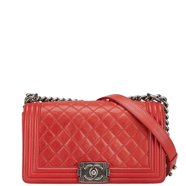 シャネル マトラッセ ボーイシャネル25 斜め掛け チェーン ショルダーバッグ レッド ラムスキン レディース CHANEL 【中古】