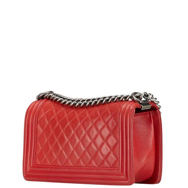 シャネル マトラッセ ボーイシャネル25 斜め掛け チェーン ショルダーバッグ レッド ラムスキン レディース CHANEL 【中古】