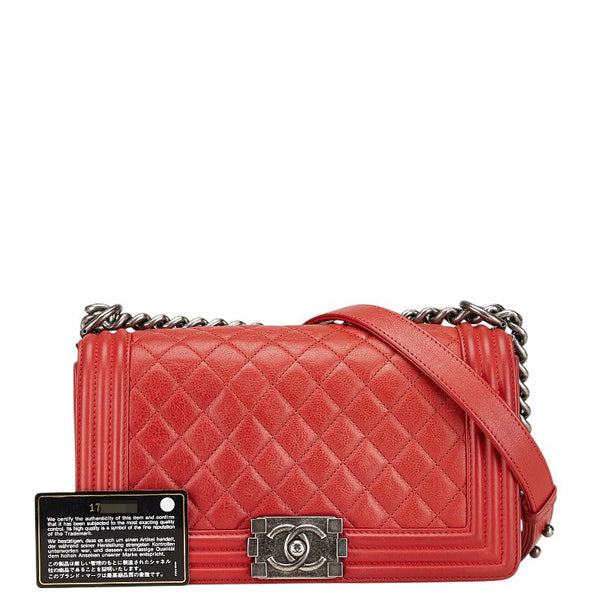 シャネル マトラッセ ボーイシャネル25 斜め掛け チェーン ショルダーバッグ レッド ラムスキン レディース CHANEL 【中古】