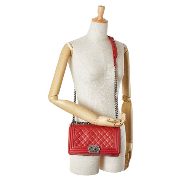 シャネル マトラッセ ボーイシャネル25 斜め掛け チェーン ショルダーバッグ レッド ラムスキン レディース CHANEL 【中古】