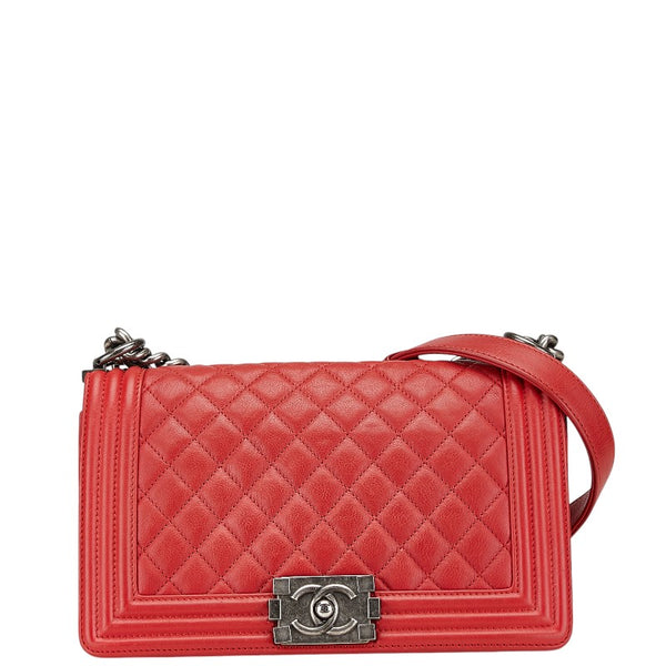 シャネル マトラッセ ボーイシャネル25 斜め掛け チェーン ショルダーバッグ レッド ラムスキン レディース CHANEL 【中古】
