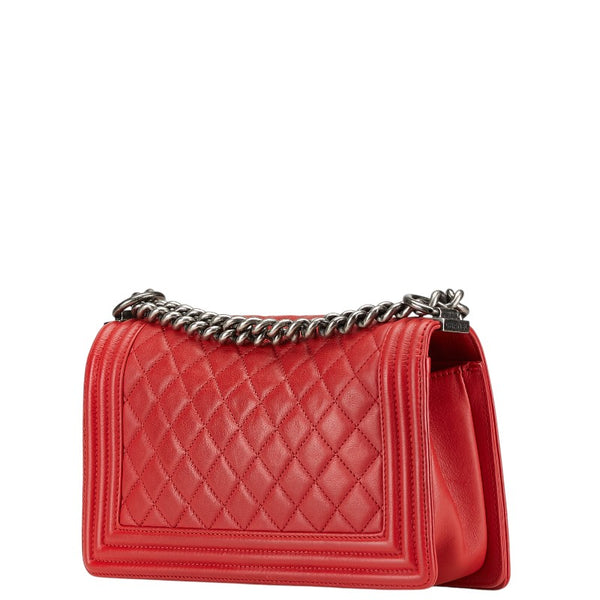 シャネル マトラッセ ボーイシャネル25 斜め掛け チェーン ショルダーバッグ レッド ラムスキン レディース CHANEL 【中古】