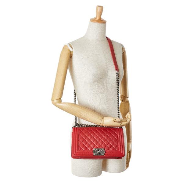 シャネル マトラッセ ボーイシャネル25 斜め掛け チェーン ショルダーバッグ レッド ラムスキン レディース CHANEL 【中古】