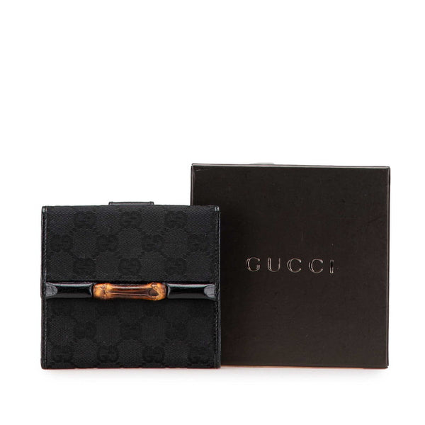 グッチ GGキャンバス バンブー 三つ折り財布 112521 ブラック キャンバス レザー レディース GUCCI 【中古】