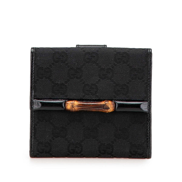 グッチ GGキャンバス バンブー 三つ折り財布 112521 ブラック キャンバス レザー レディース GUCCI 【中古】