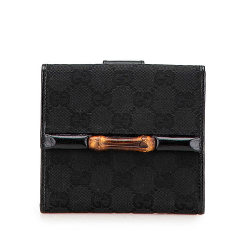 グッチ GGキャンバス バンブー 三つ折り財布 112521 ブラック キャンバス レザー レディース GUCCI 【中古】