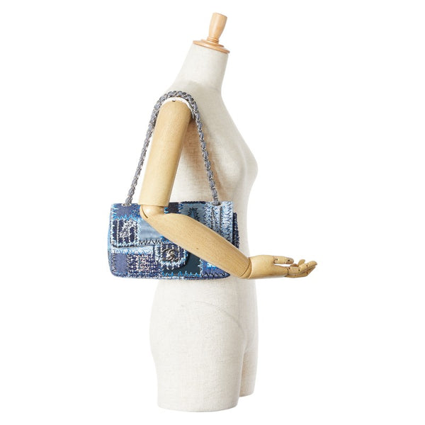 シャネル ココマーク パッチワーク チェーン ショルダーバッグ ハンドバッグ ブルー シルバー マルチカラー デニム キャビアスキン レディース CHANEL 【中古】