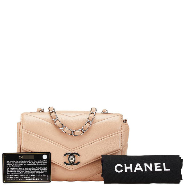 シャネル シェブロン ココマーク チェーン ショルダーバッグ ベージュ シルバー キャビアスキン レディース CHANEL 【中古】