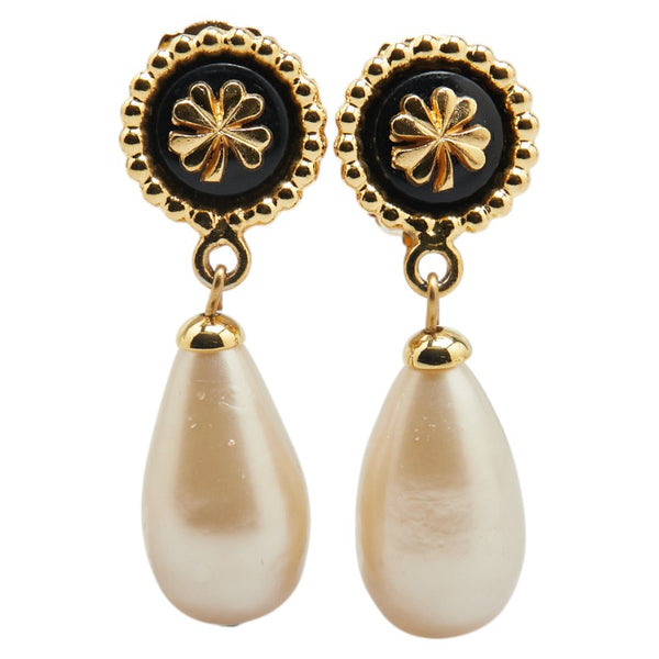 シャネル クローバー 四つ葉 モチーフ ティアドロップ スイング イヤリング ゴールド ブラック メッキ フェイクパール レディース CHANEL 【中古】