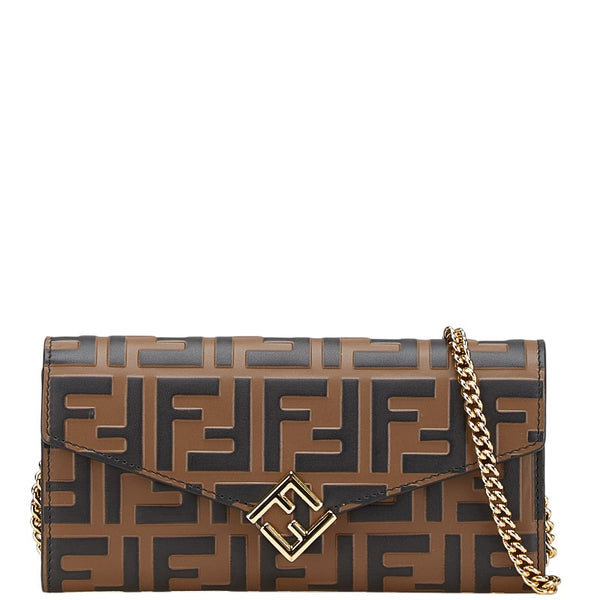 フェンディ FFダイアモンド チェーンウォレット 8M0365 ブラウン ブラック レザー レディース FENDI 【中古】