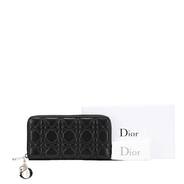 ディオール レディディオール カナージュ ラウンドファスナー 長財布 ブラック ラムスキン レディース Dior 【中古】
