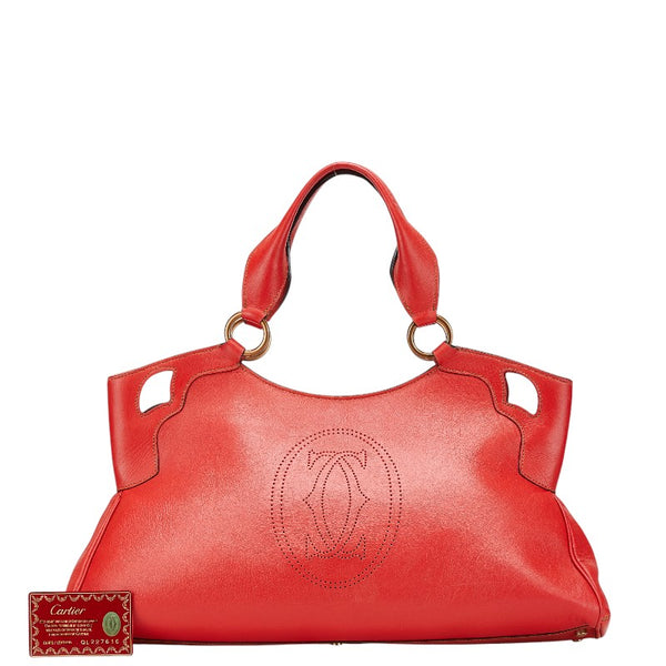 カルティエ マルチェロ パンチングロゴ ハンドバッグ トートバッグ レッド レザー レディース CARTIER 【中古】