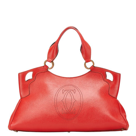 カルティエ マルチェロ パンチングロゴ ハンドバッグ トートバッグ レッド レザー レディース CARTIER 【中古】