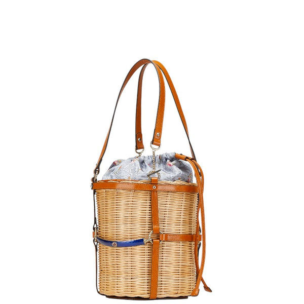 グッチ フラワー 花 かごバッグ ハンドバッグ 524830 ベージュ ブラウン レザー ウィッカー レディース GUCCI 【中古】