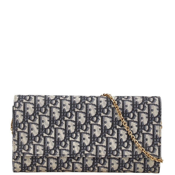 ディオール オブリーク チェーンウォレット ショルダーバッグ ベージュ ネイビー キャンバス レザー レディース Dior 【中古】