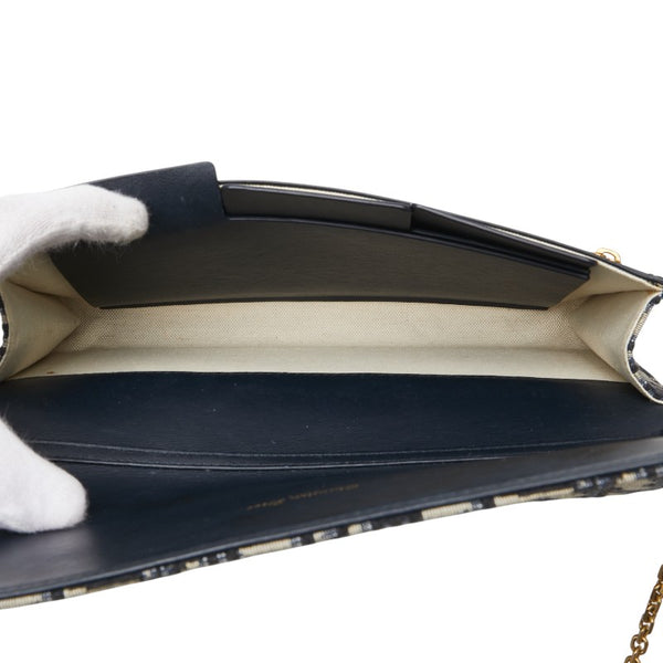 ディオール オブリーク チェーンウォレット ショルダーバッグ ベージュ ネイビー キャンバス レザー レディース Dior 【中古】
