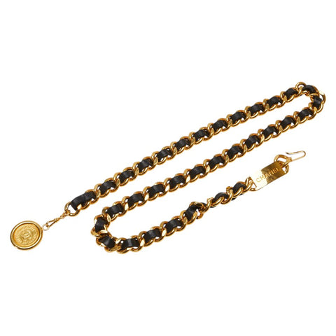 シャネル 31 RUE CAMBON カンボン メダリオン ココマーク チェーン ベルト ゴールド ブラック メッキ レザー レディース CHANEL 【中古】