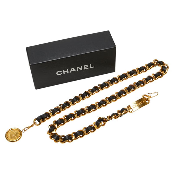 シャネル 31 RUE CAMBON カンボン メダリオン ココマーク チェーン ベルト ゴールド ブラック メッキ レザー レディース CHANEL 【中古】