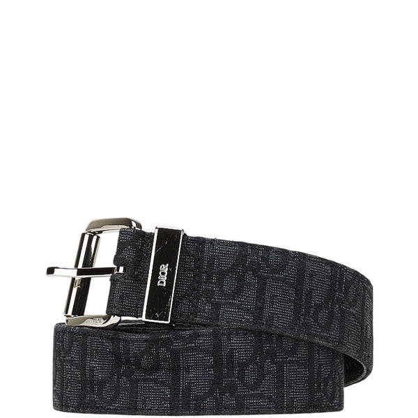 ディオール オブリーク ジャガード ベルト #90 ブラック グレインカーフレザー キャンバス メンズ Dior 【中古】