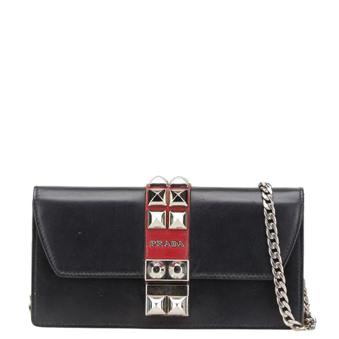 プラダ エレクトラ スタッズ チェーンウォレット ショルダーバッグ ブラック レッド レザー レディース PRADA 【中古】
